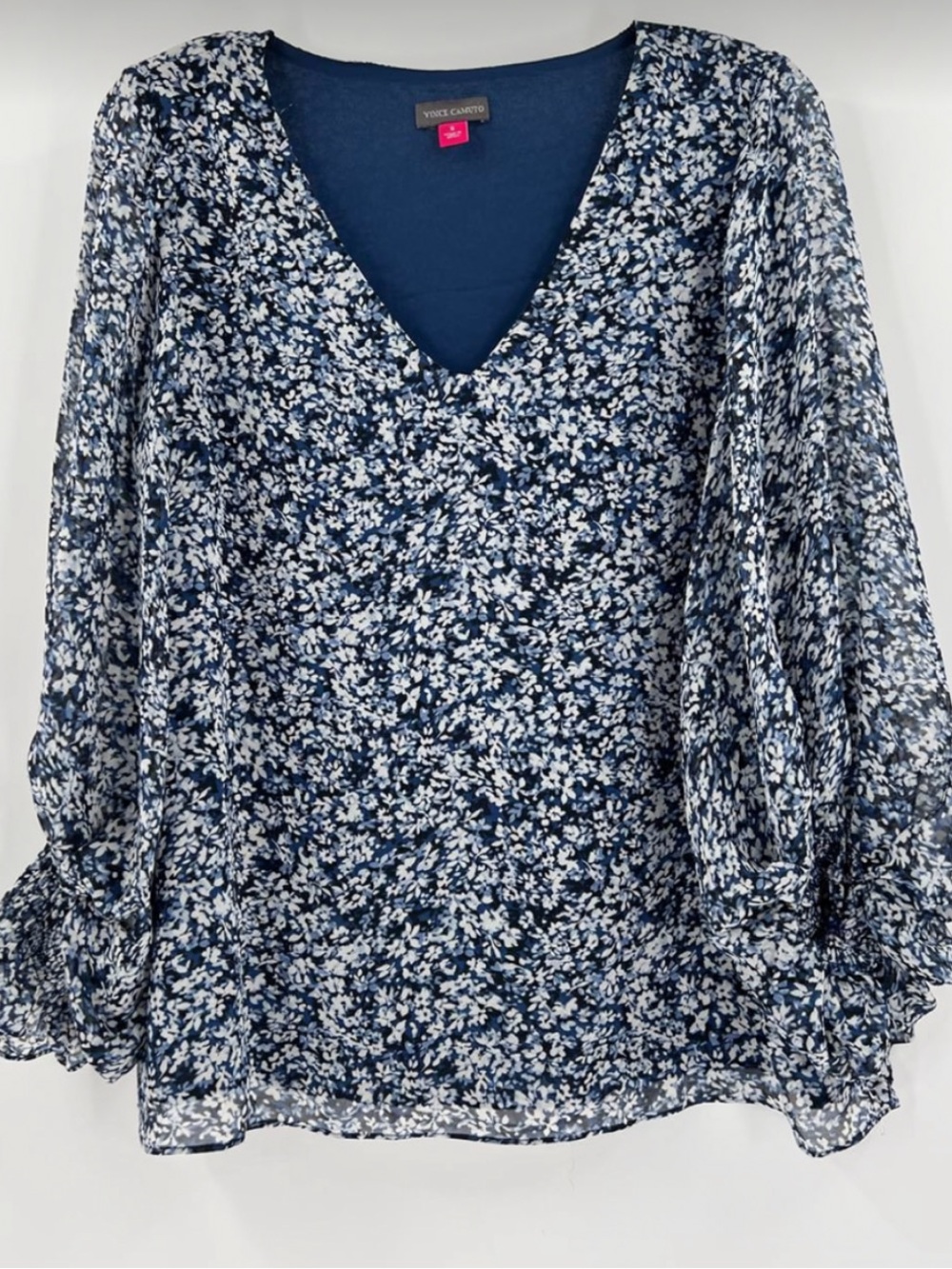 NWT Vince Camuto Blue Floral Blouse S Ditsy Print Balloon Sleeve V-Neck Top